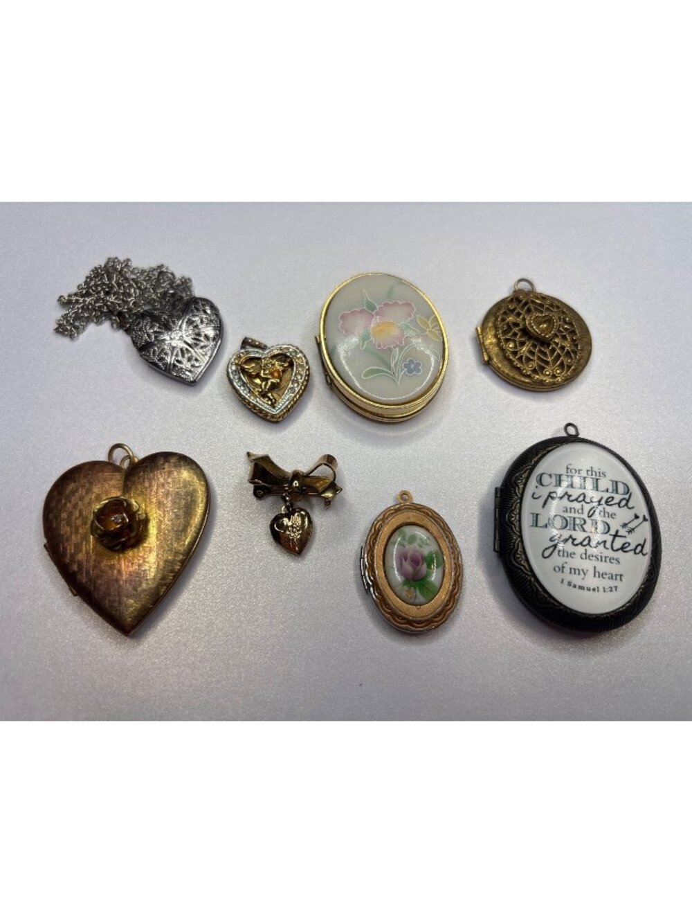 8 Vintage & Modern Lockets: Raised Heart, Silver Filigree, Bowknot Brooch, Origi